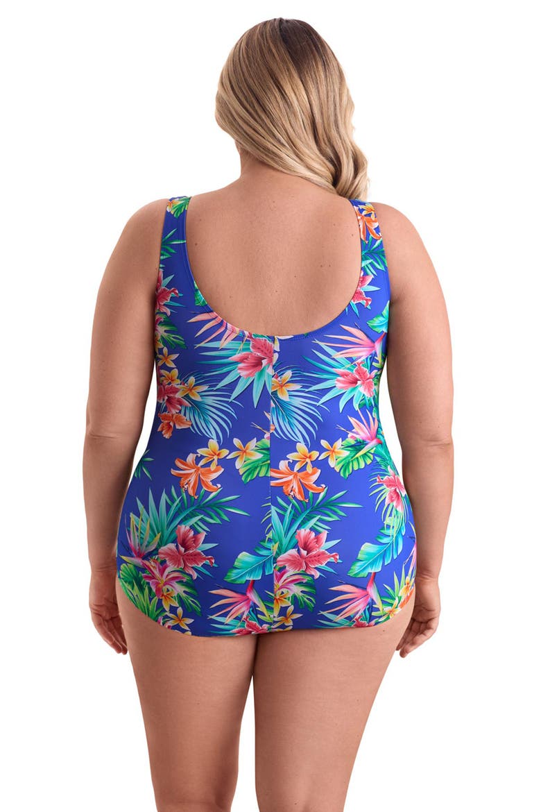 Shirred Front Princess Seam Girl Leg Plus Size One-Piece Swimsuit, Alternate, color, Tropical Tendencies