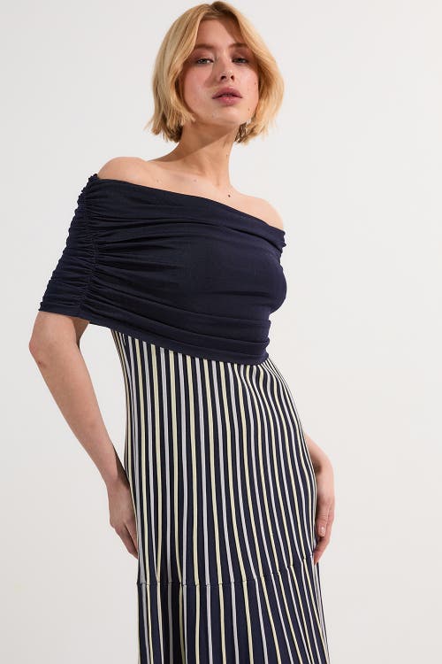 Karen Millen Striped Bardot Knitted Maxi Dress In Blue