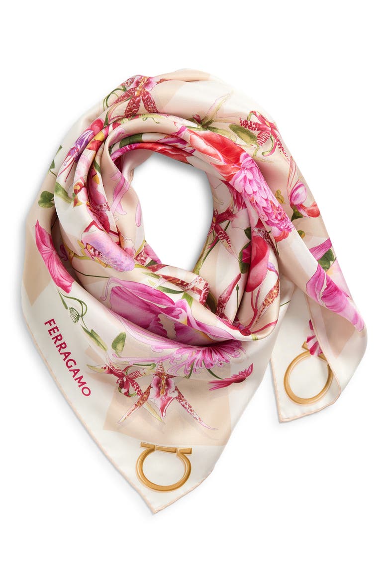 Gaia Floral Silk Square Scarf, Alternate, color, LIGHT BALLET/IVORY