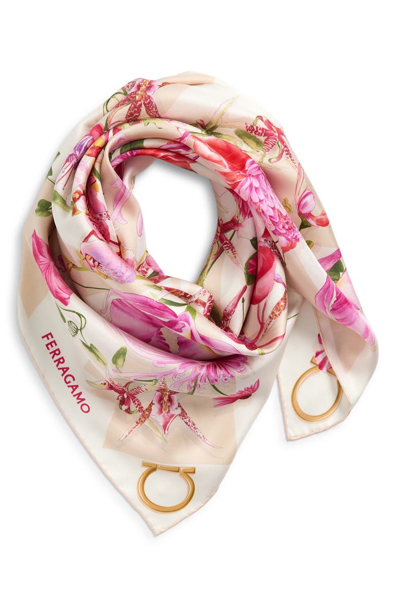 FERRAGAMO Gaia Floral Silk Square Scarf, Alternate, color, Light Ballet/Ivory