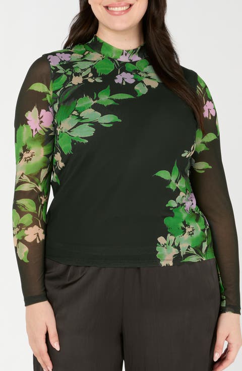 Fiora Floral Print Mesh Top (Plus)