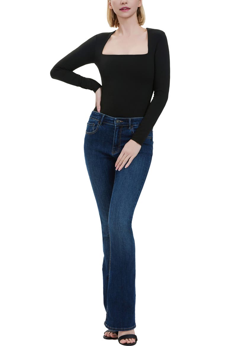 Square Neck Long Sleeve Bodysuit, Alternate, color, Black