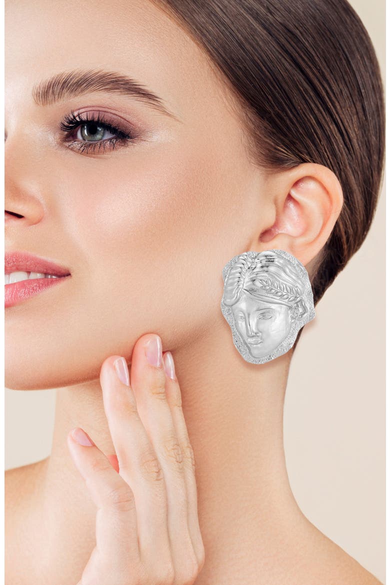 Large Grecian Face Stud Earrings, Alternate, color, SILVER