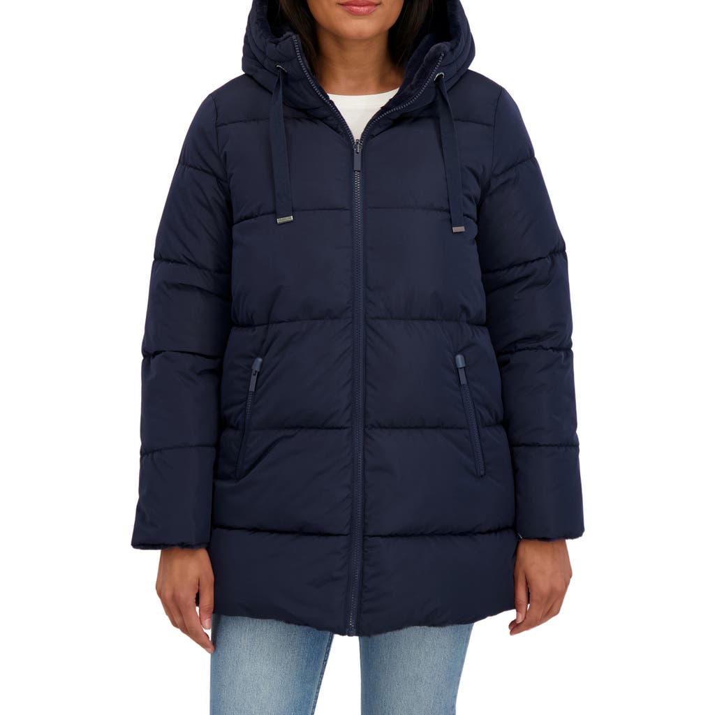 Sebby Faux Fur Reversible Hooded Puffer Jacket In Blue