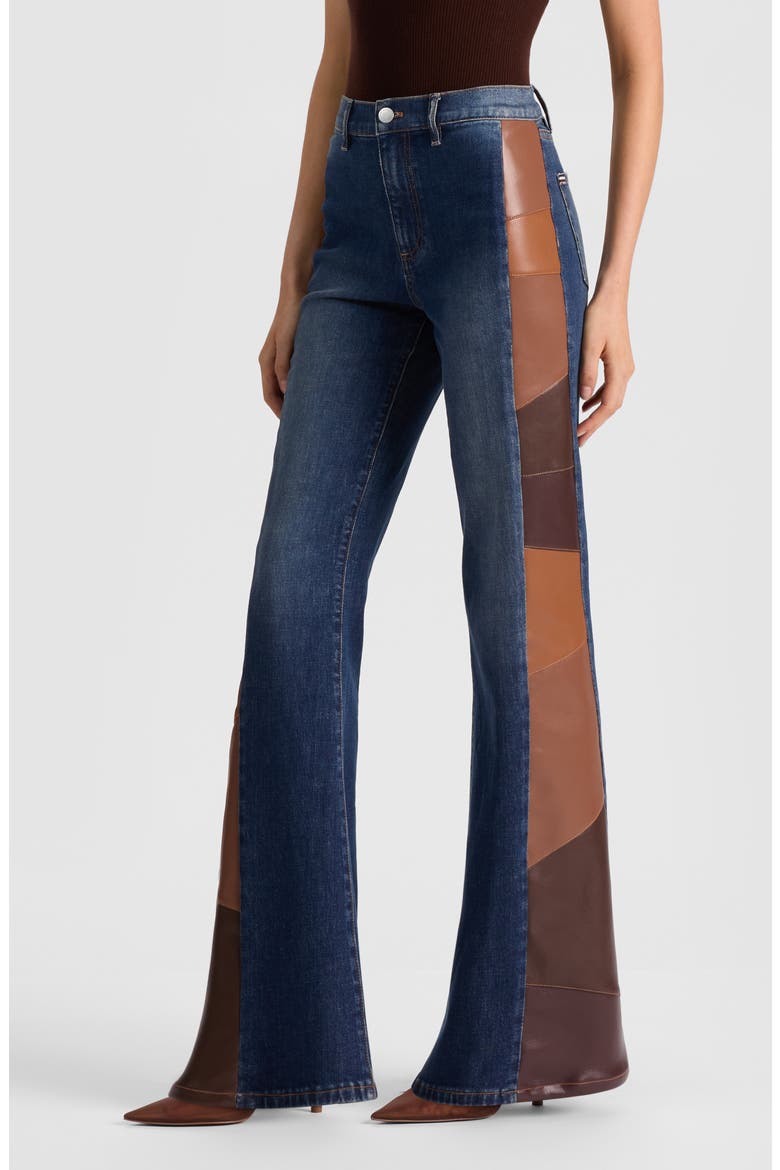 ALICE + OLIVIA Faux Leather Patchwork Detail Flare Leg Jeans