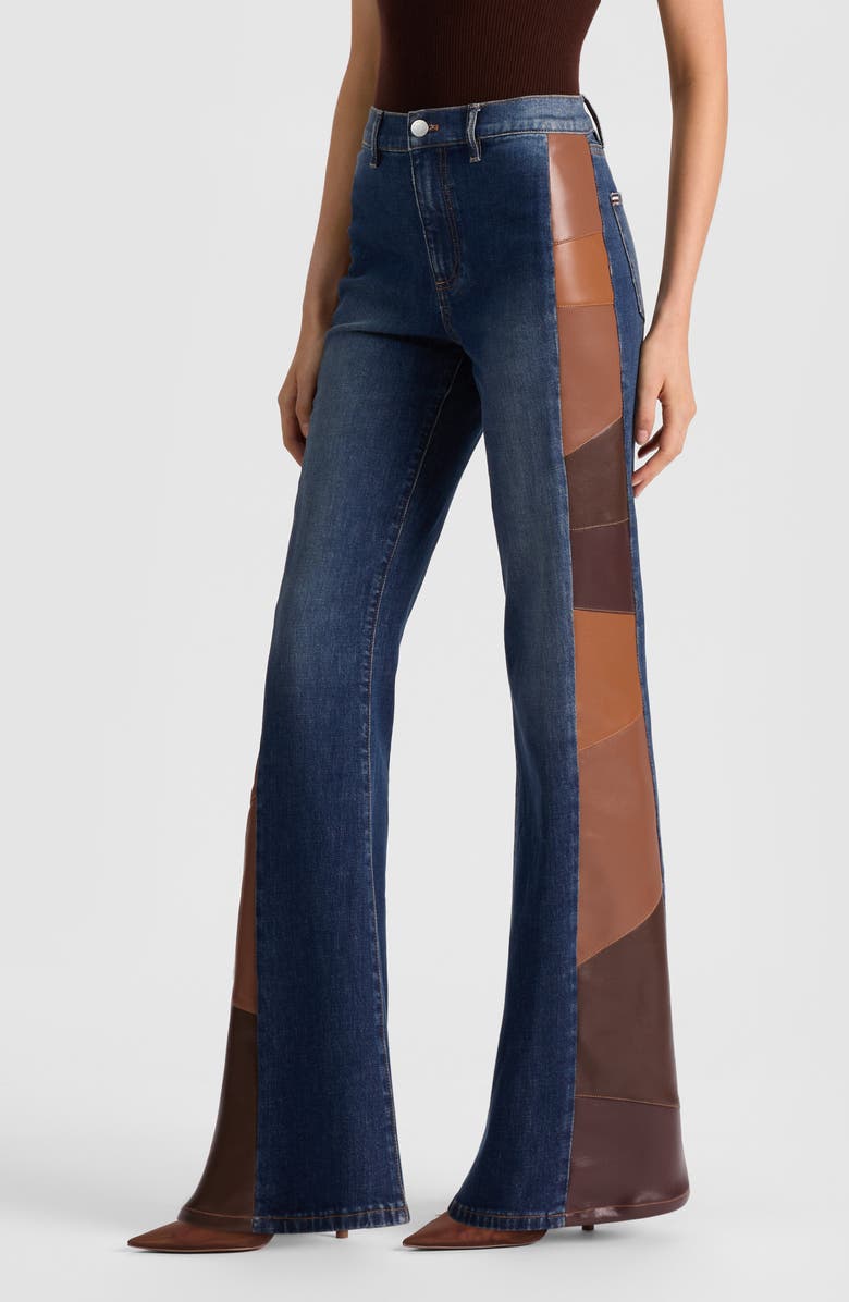 Alice + Olivia Faux Leather Patchwork Detail Flare Leg Jeans, Alternate, color,