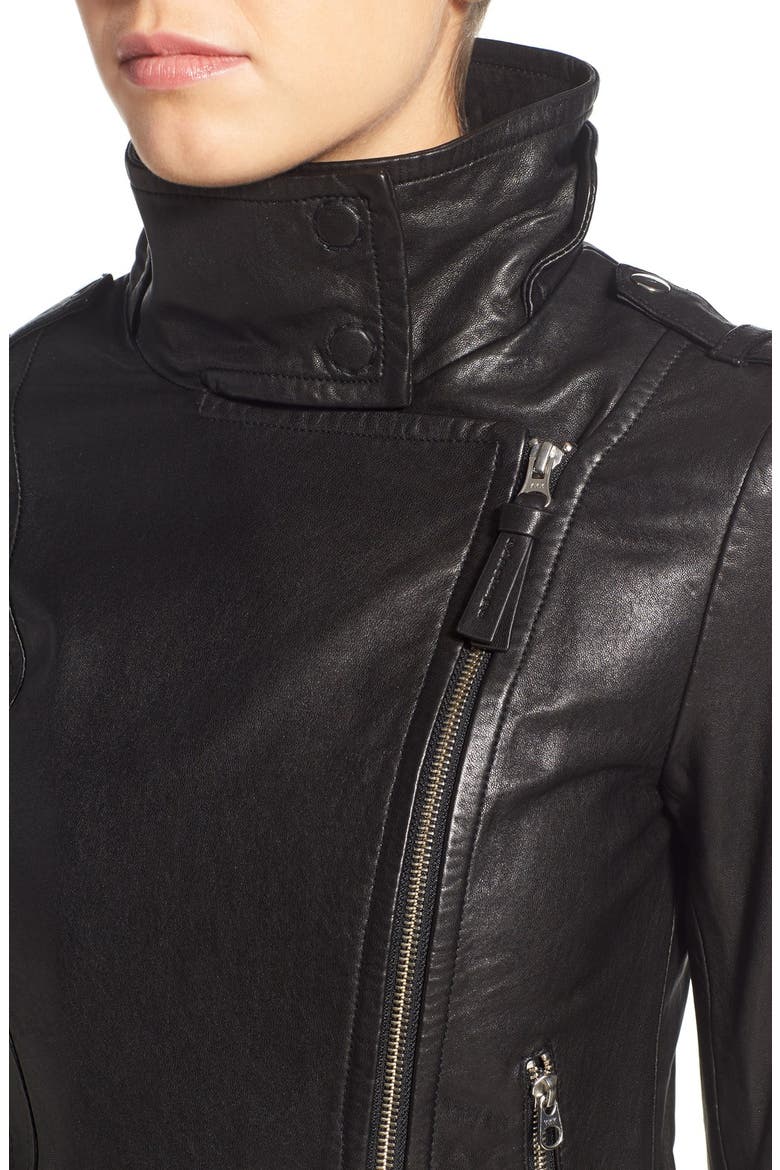 Hania Belted Leather Moto Jacket, Alternate, color, BLACK