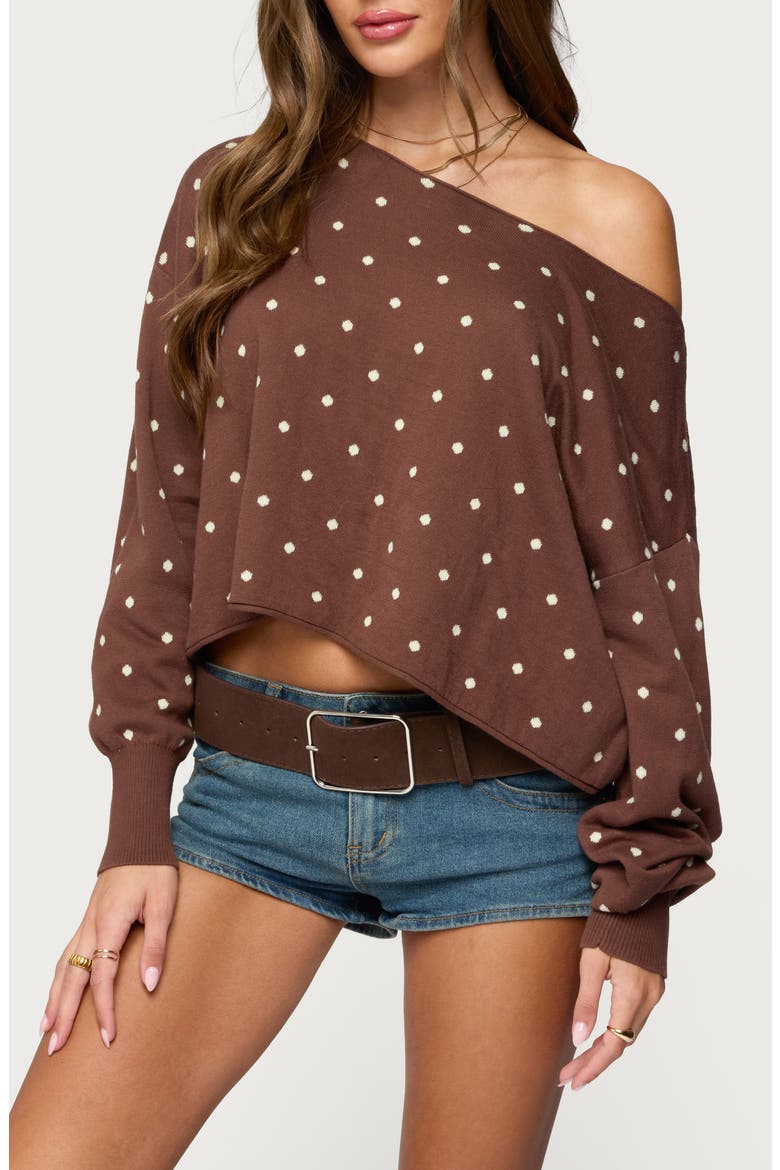 Oversize Off the Shoulder Polka Dot Sweater, Main, color, BROWN