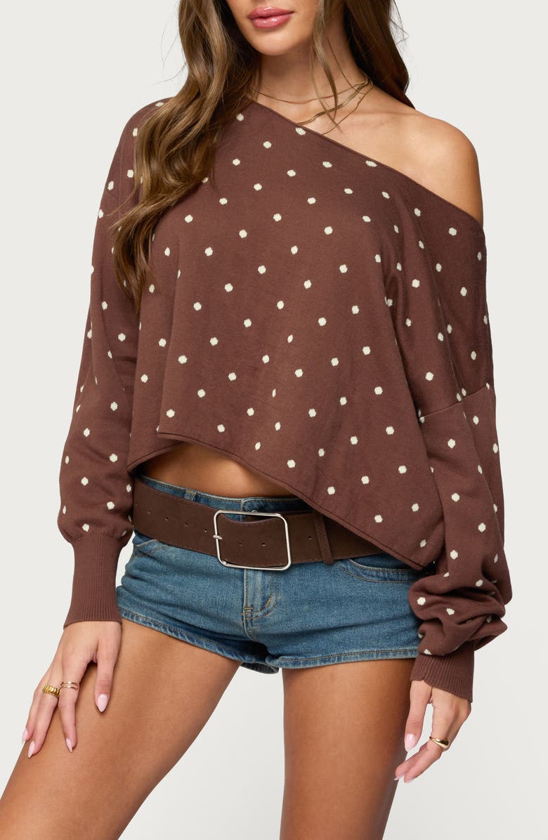 EDIKTED Oversize Off the Shoulder Polka Dot Sweater, Main, color, Brown
