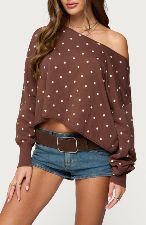 Oversize Off the Shoulder Polka Dot Sweater