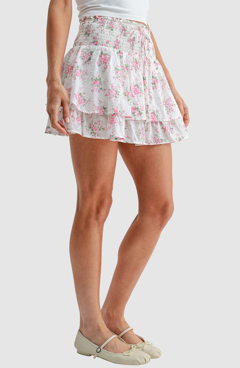 Lush Smocked Waist Ruffle Miniskirt, Alternate, color, White Pink Floral