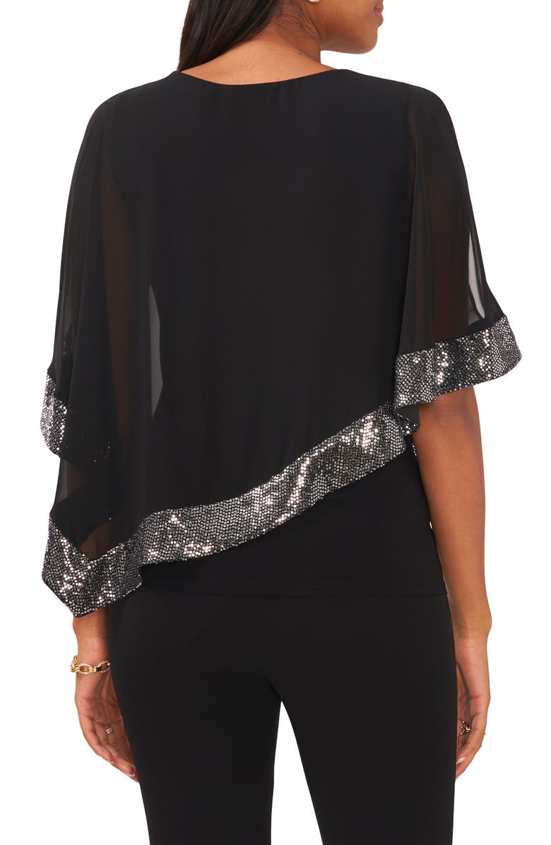 Chaus Sequin Trim Ruffled Cold Shoulder Overlay Top, Alternate, color,