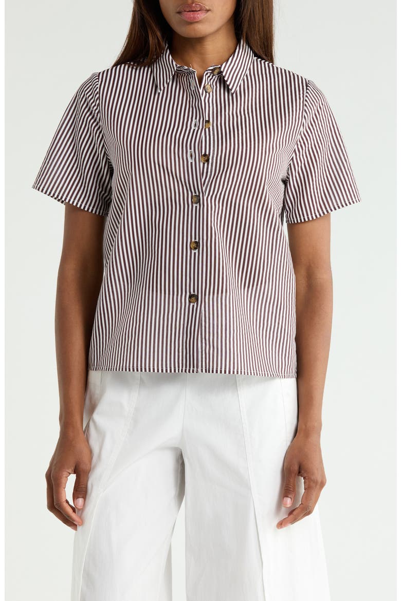 Striped Short Sleeve Button-Down Shirt, Main, color, WHITE/ BROWN