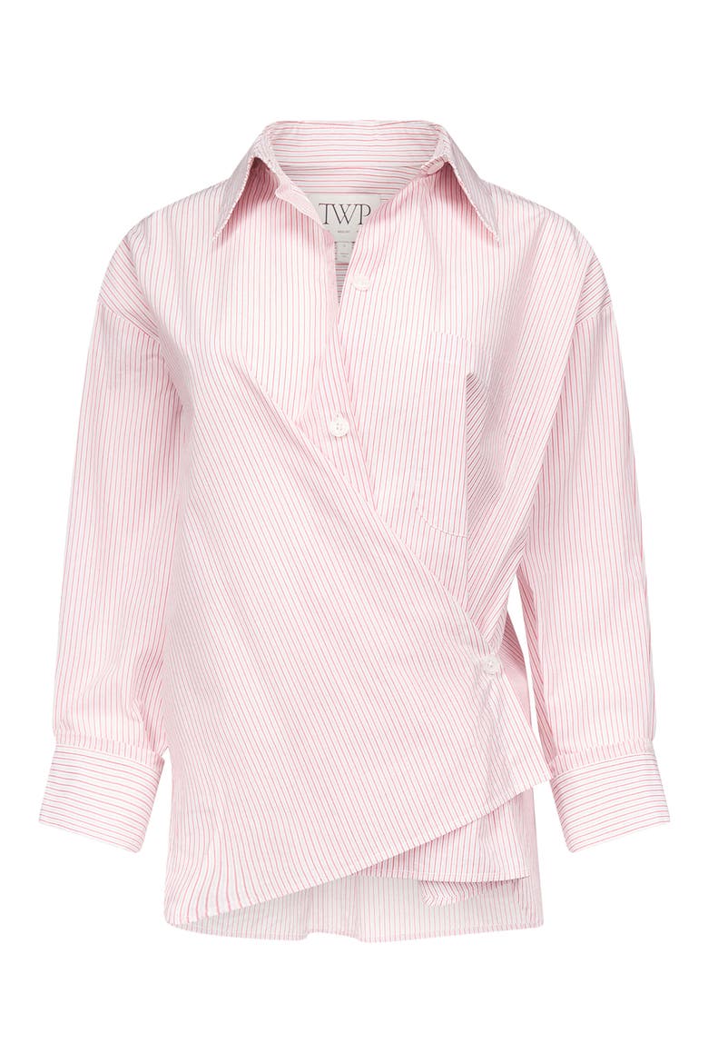 Newest Earl Stripe Wrap Front Cotton Button-Up Shirt, Alternate, color, WHITE / RED