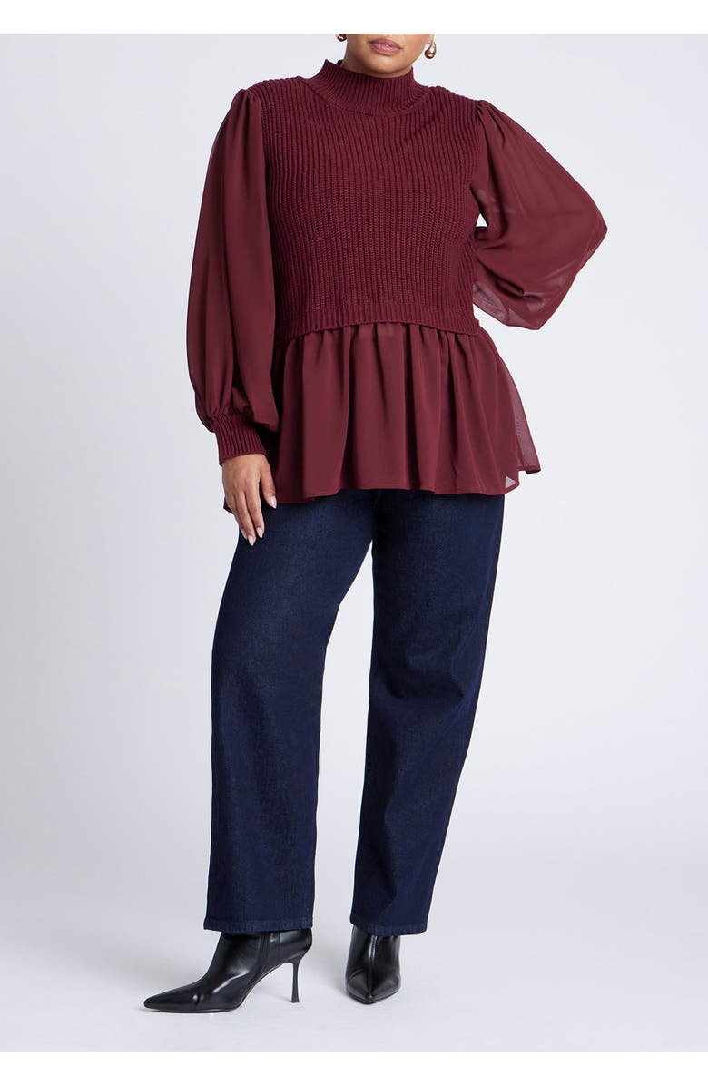 ELOQUII Twofer Sweater With Chiffon, Alternate, color, Maroon Banner