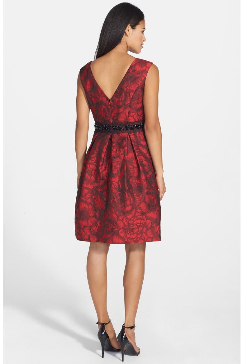 Embellished Waist Brocade Fit & Flare Dress, Alternate, color, BLACK/ RED