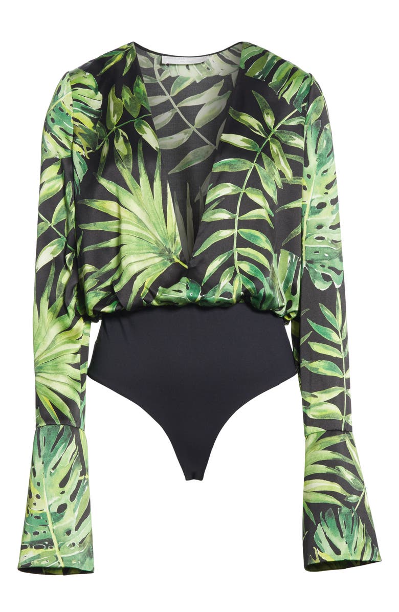 CAROLINE CONSTAS Daria Leaf Print Silk Bodysuit, Alternate, color,