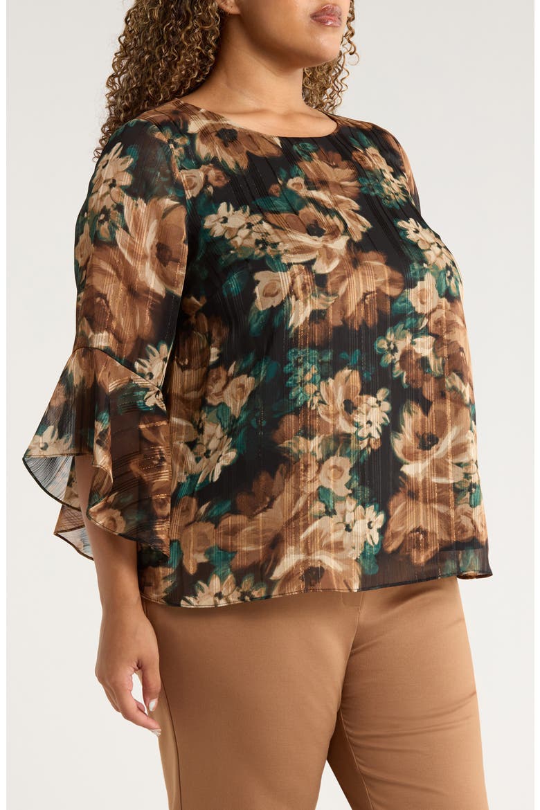 Metallic Floral Ruffle Sleeve Top, Alternate, color, EVERGREEN MULTI