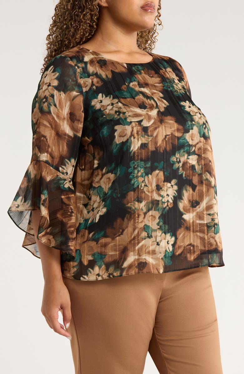 KASPER Metallic Floral Ruffle Sleeve Top, Alternate, color, Evergreen Multi