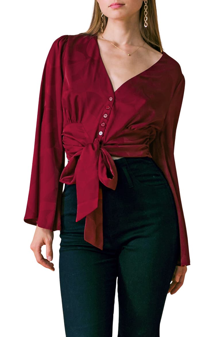 Front Tie Long Sleeve Satin Top, Main, color, BURGUNDY