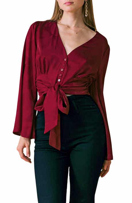 Front Tie Long Sleeve Satin Top