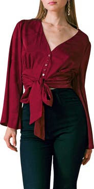 FLYING TOMATO Front Tie Long Sleeve Satin Top