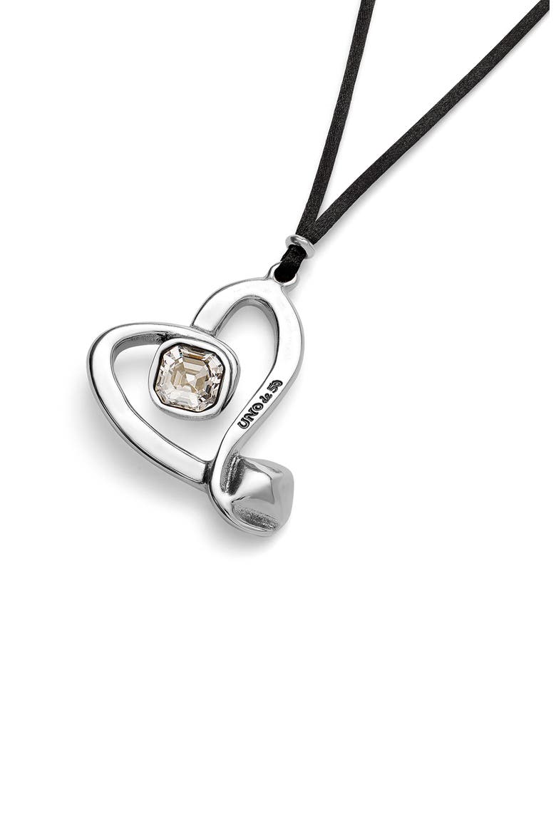 Long Silk-Effect Cord Pendant with Sterling Silver-Plated Central Heart with Clear Crystal, Alternate, color, Silver