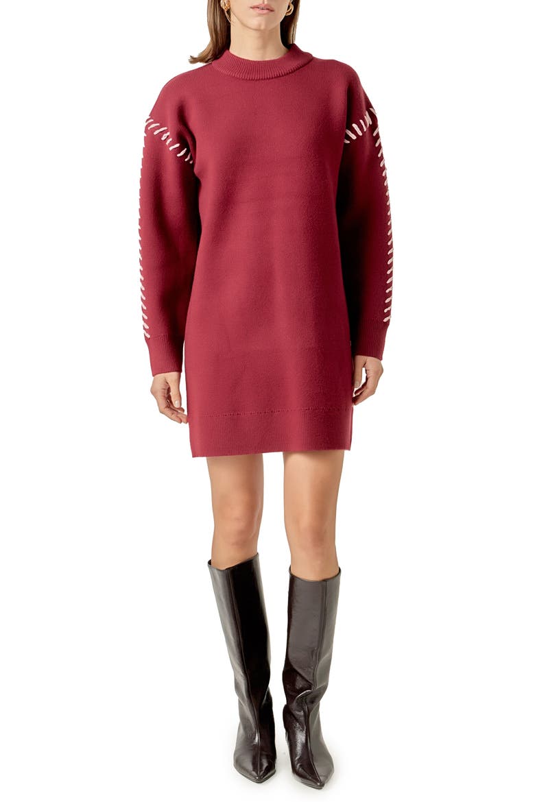 Whipstitch Long Sleeve Sweater Minidress, Main, color, BURGUNDY/ PINK