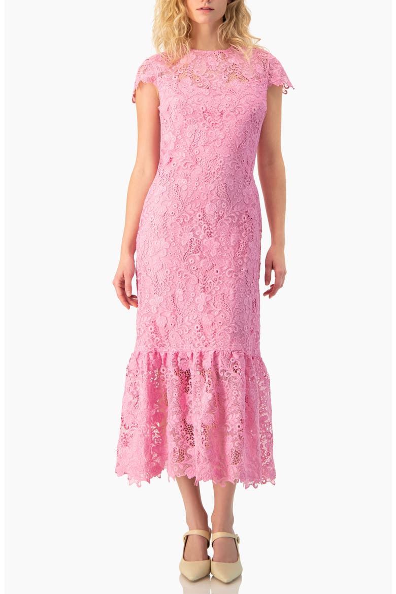 Lace Cap-Sleeve Midi Dress, Main, color, Pink