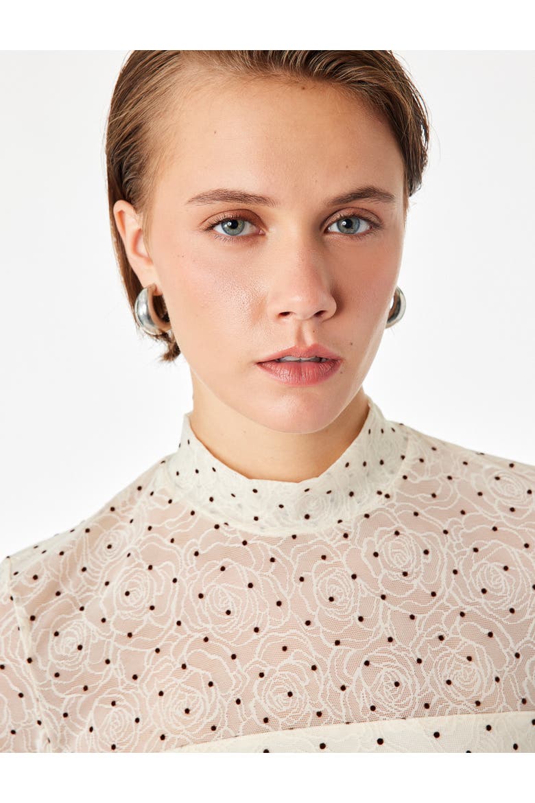 Long Sleeve High Neck Polka Dot Mesh Blouse, Alternate, color, ECRU DESIGN