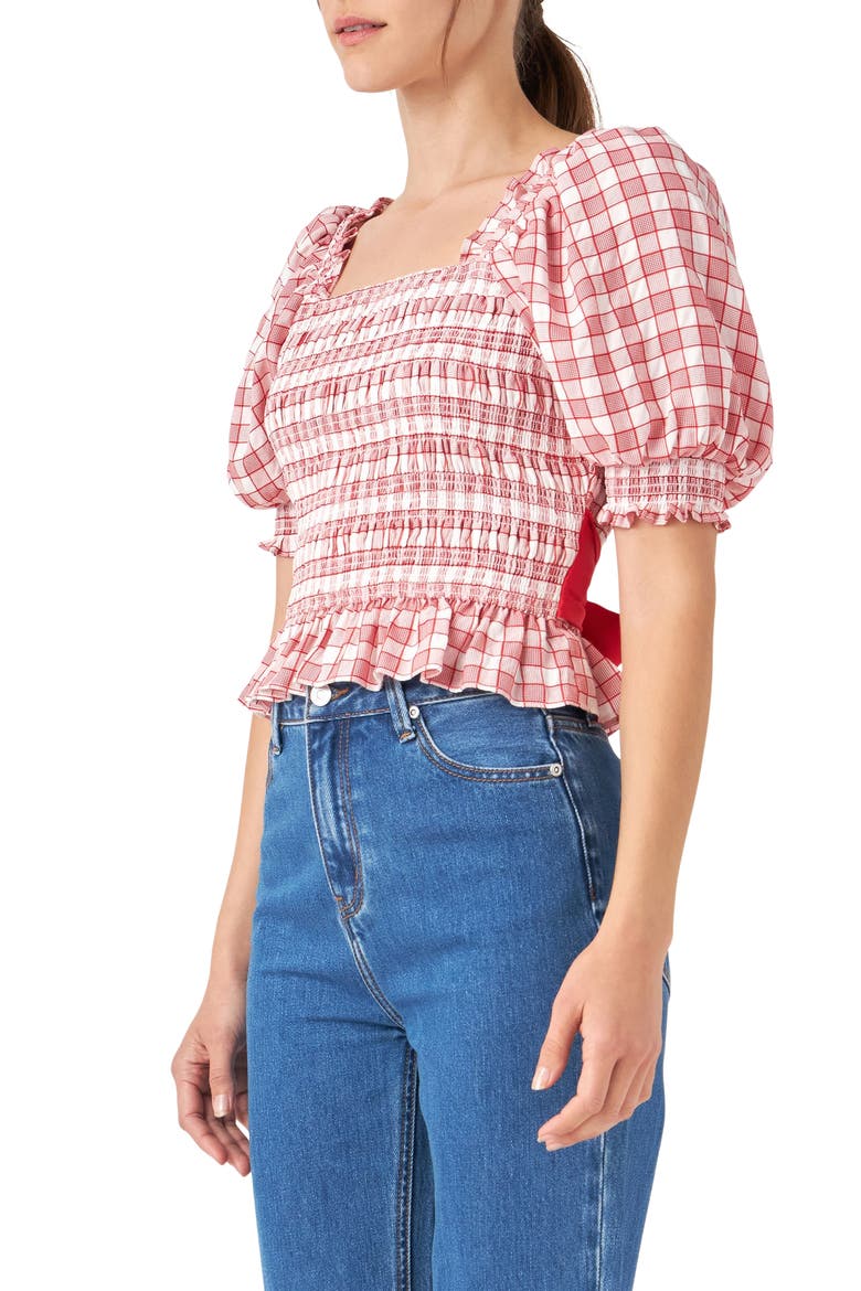 Check Smocked Bow Accent Top, Alternate, color, RED