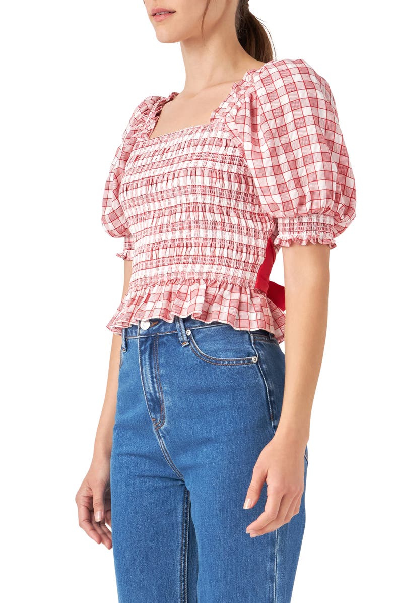 English Factory Check Smocked Bow Accent Top, Alternate, color, Red