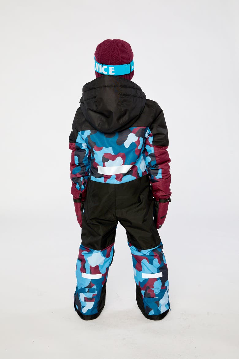 Teknik Camouflage Fleece Lined & Reinforced Knees One Piece Snowsuit, Alternate, color, Blue and Red Camouflage