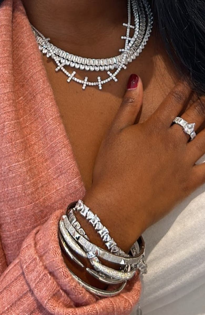 SHYMI Pear & Emerald Cut Cubic Zirconia Eternity Ring, Alternate, color, Silver/ White