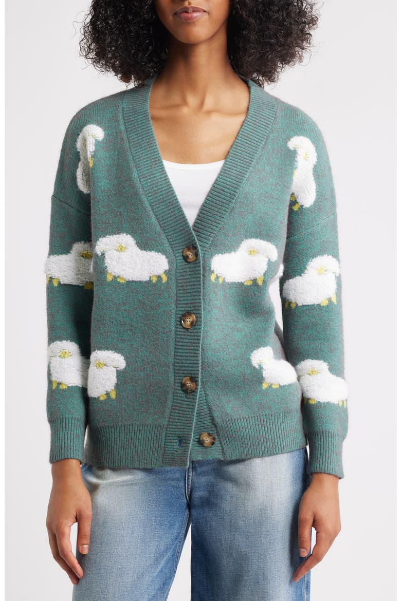 Sheep Jacquard Cardigan, Alternate, color, TEAL