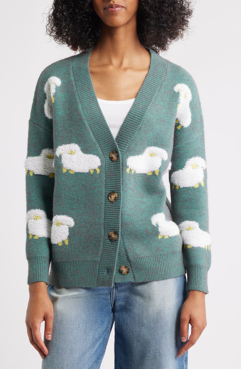 Roffe Accessories Sheep Jacquard Cardigan, Alternate, color, Teal
