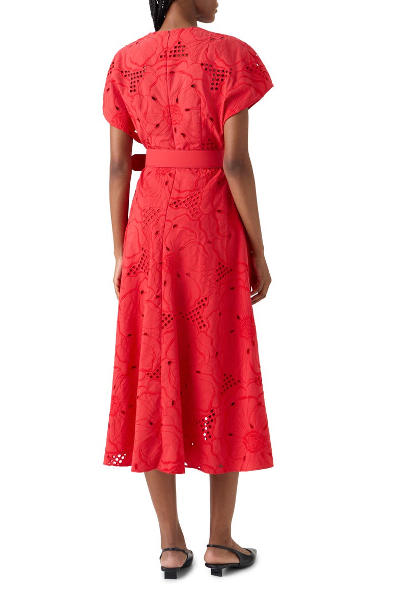 Floral Eyelet Embroidered Belted Cotton Poplin Dress, Alternate, color, RED