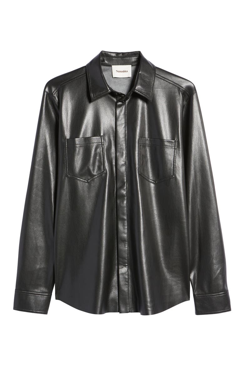 Declan Faux Leather Button-Up Shirt, Alternate, color, BLACK
