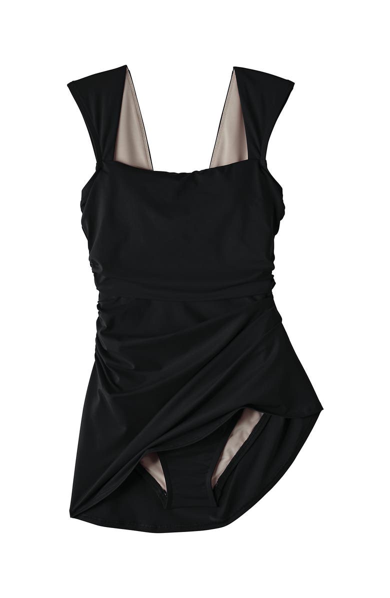 Lands' End Chlorine Resistant Square Neck Ruched Swim Dress One Piece Swimsuit, Alternate, color, Black