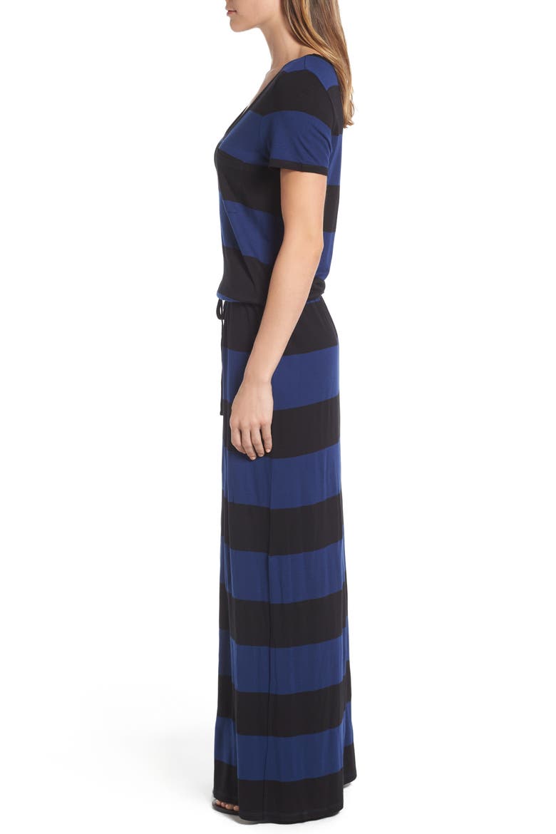 Drawstring Jersey Maxi Dress, Alternate, color, BLACK- BLUE BUOY STRIPE