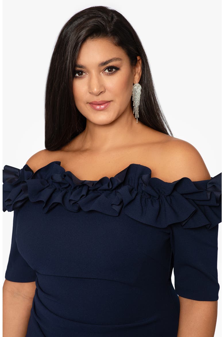 Xscape Ruffle Off the Shoulder Sheath Dress, Alternate, color, NAVY