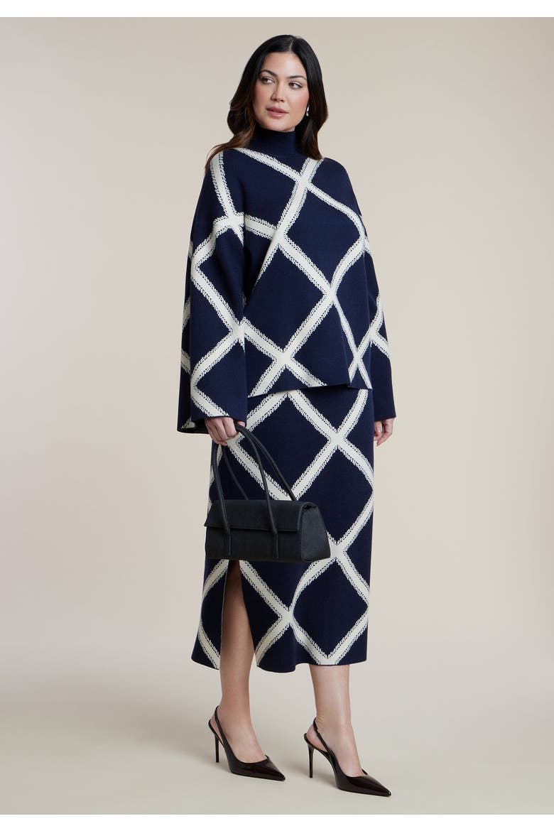 Mock Neck Intarsia Sweater, Alternate, color, NAVY/WHITE GRID