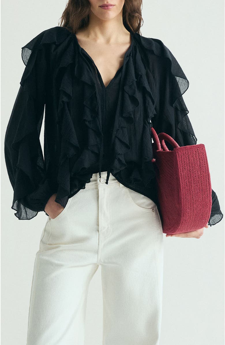 Scalpers Ruffled Cotton Blouse, Main, color, Black