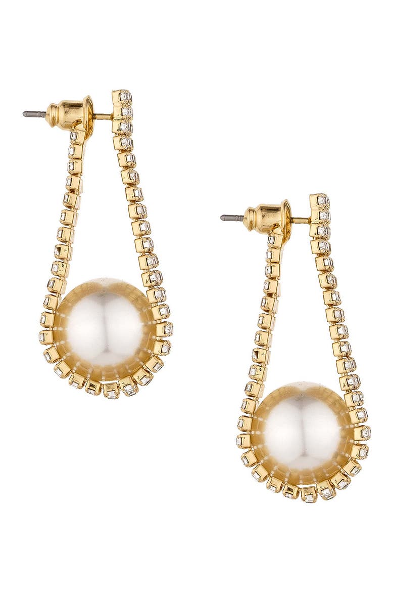 Pave Crystal & Imitation Pearl Front/Back Earrings, Main, color, GOLD