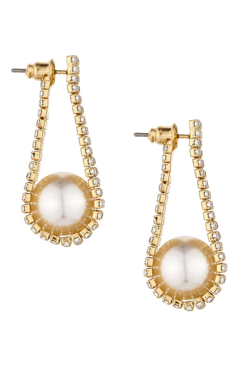Ettika Pave Crystal & Imitation Pearl Front/Back Earrings, Main, color, Gold