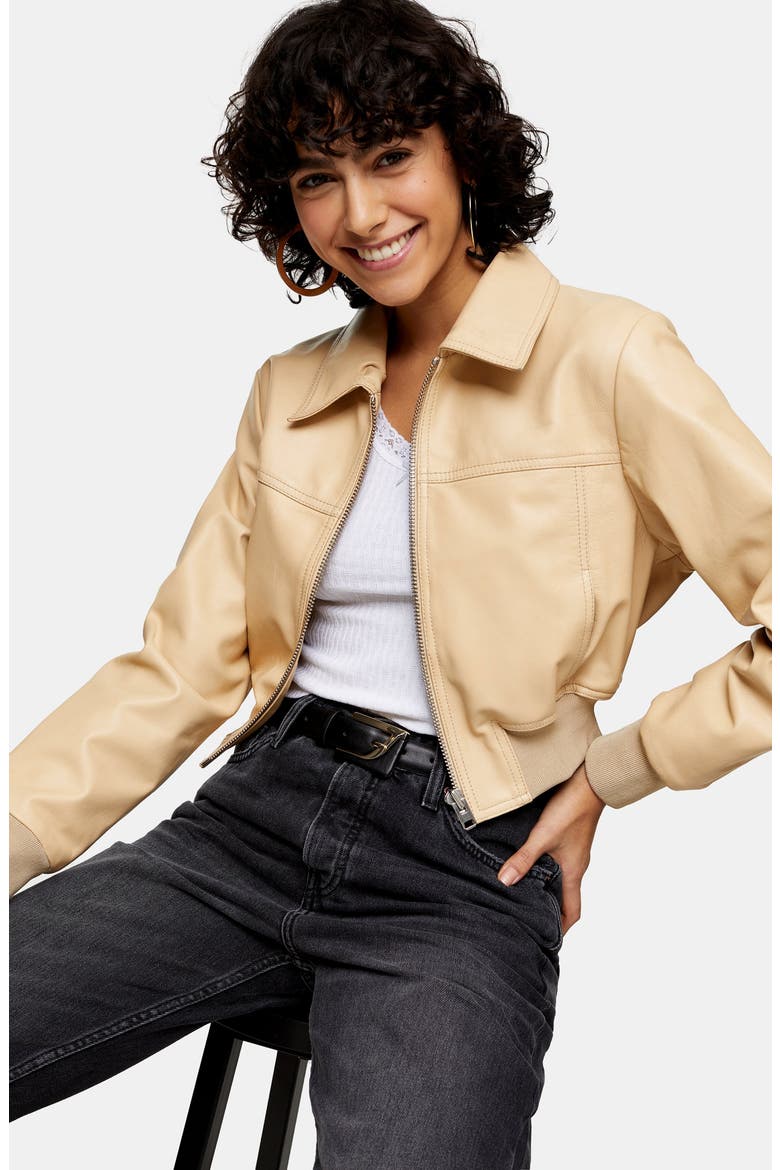 Leather Bomber Jacket, Alternate, color, BUTTERMILK