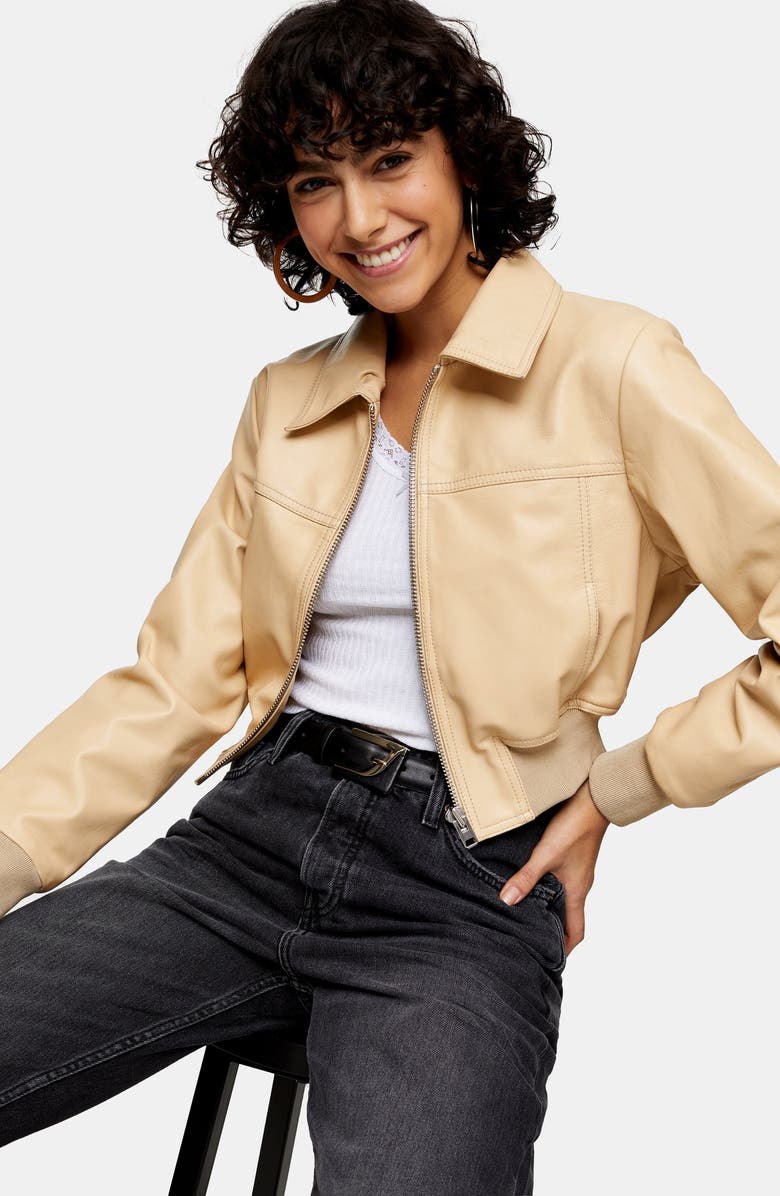 Topshop Leather Bomber Jacket, Alternate, color,