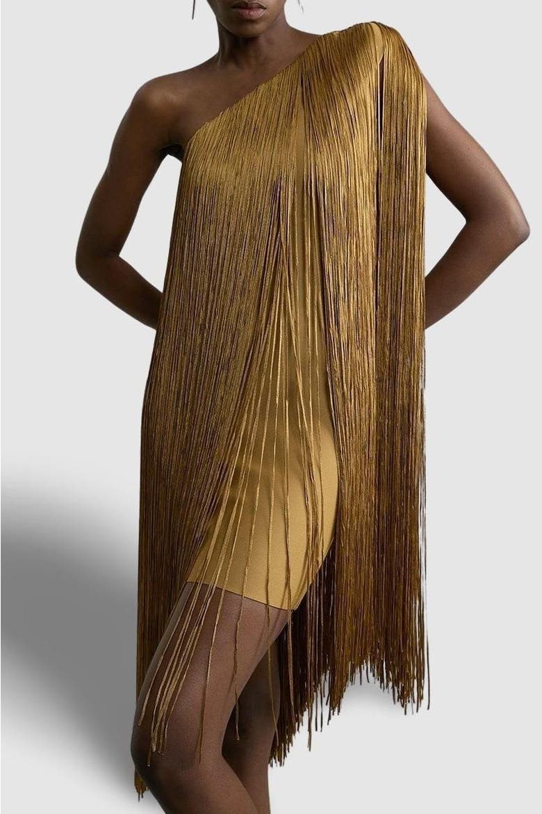 Asymmetric Draped Fringe Mini Dress, Alternate, color, Chartreuse