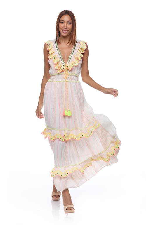 Ranee's Ranees Ruffle Sleeveless Cotton Maxi Dress In White/pink Multi