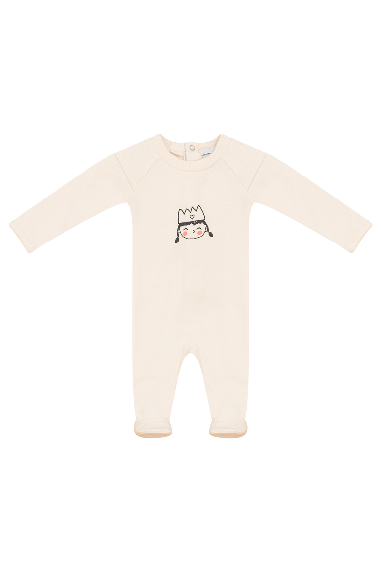 Girl French Fleece Crown Print Long Sleeve Romper, Main, color, Cream